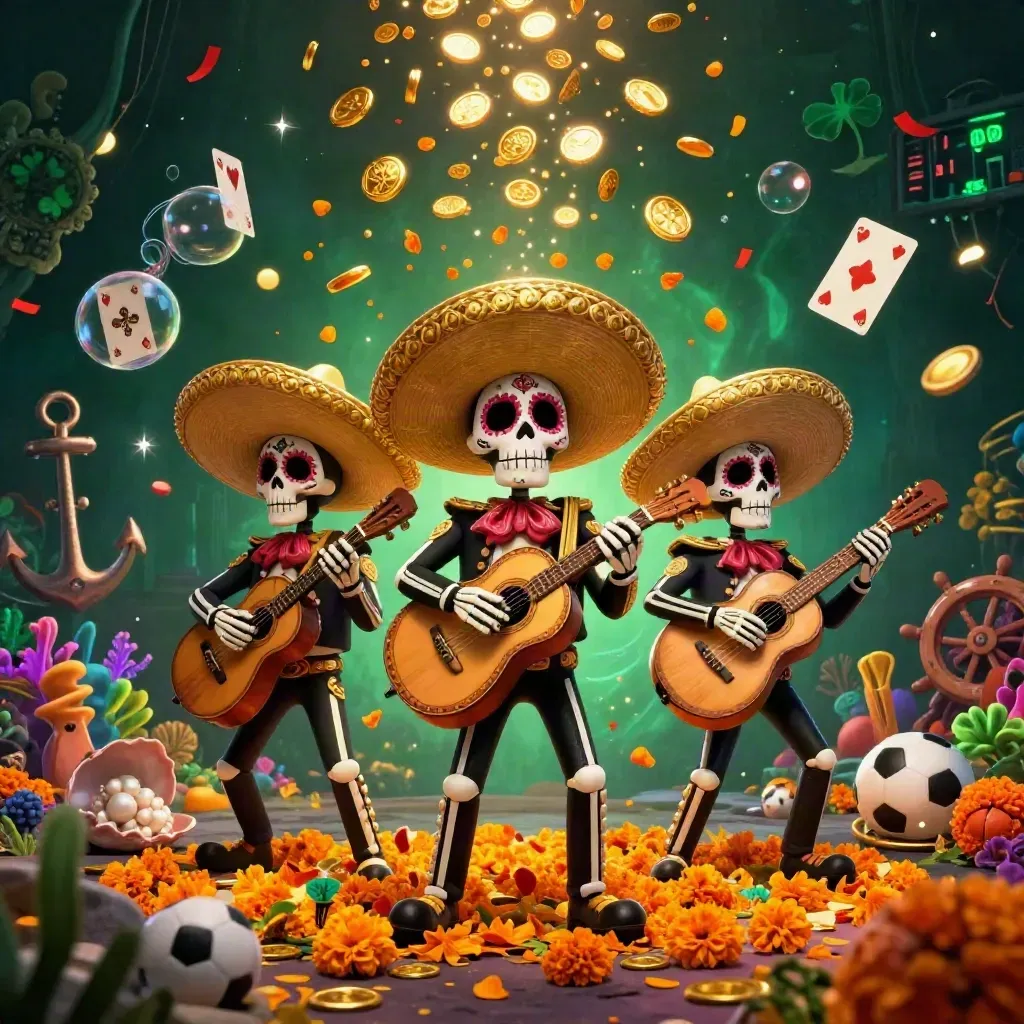 Skeleton mariachi trio amid a vault burst, coins, coral, fireworks, sports bet icons, and casino glow