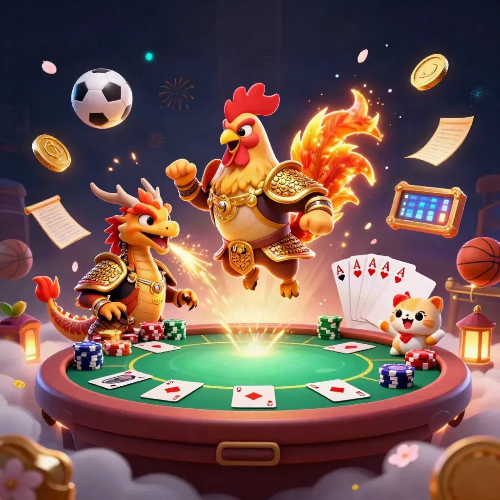 Rooster warrior, dragon hatchling, and fortune-cat amid casino chips, cards, fireworks, and glowing treasure.