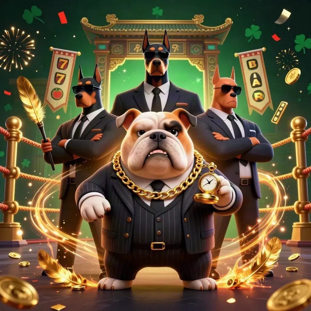 Bulldog boss with two Dobermans amid casino props, coins, confetti, and neon green-gold lighting.