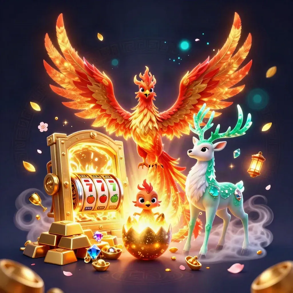 Phoenix, hatchling and crystal-antler stag amid vault gold, gems and slot glow