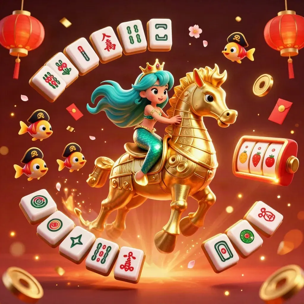 Mermaid princess on armored seahorse with pirate fish, coins, lanterns and casino glow.