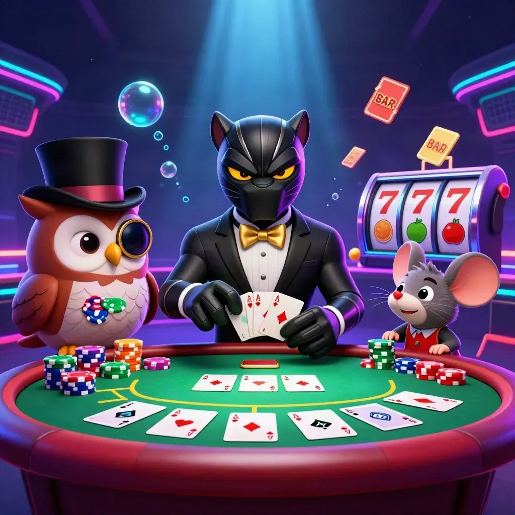 Black panther, owl, and mouse in premium casino key art with cards, chips, and neon glow