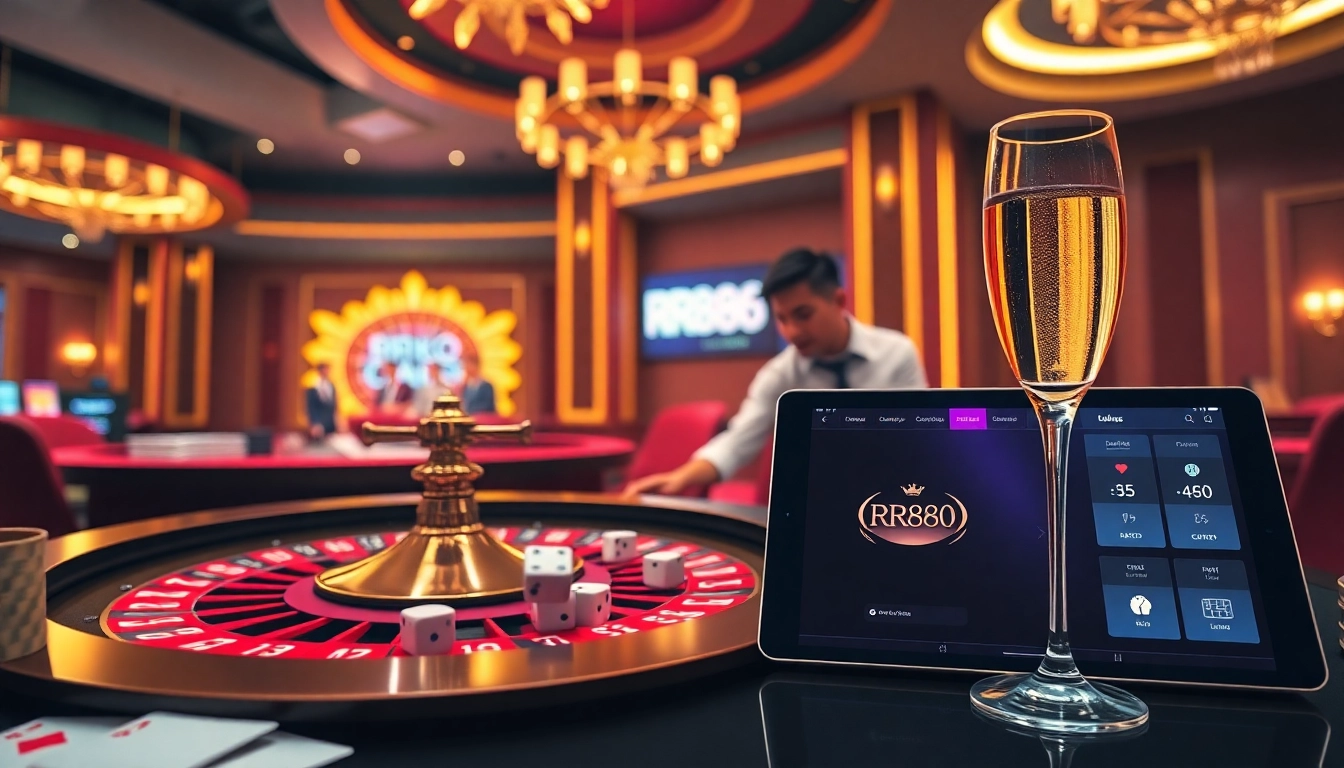 Experience the excitement of RR888 at a luxury casino with poker chips and roulette wheels.