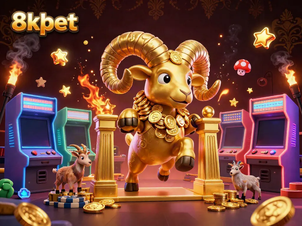 Experience exhilarating gameplay with 8xbet's golden ram mascot charging through a vibrant casino