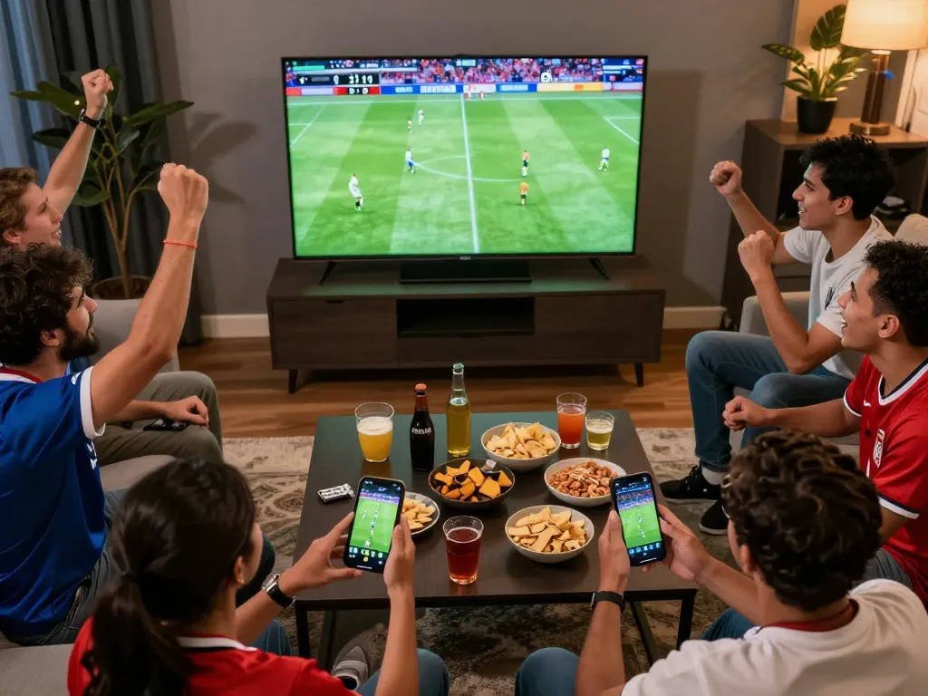 Socolive TV viewers engaged in an energetic football match party, showcasing live sports excitement and social interaction.