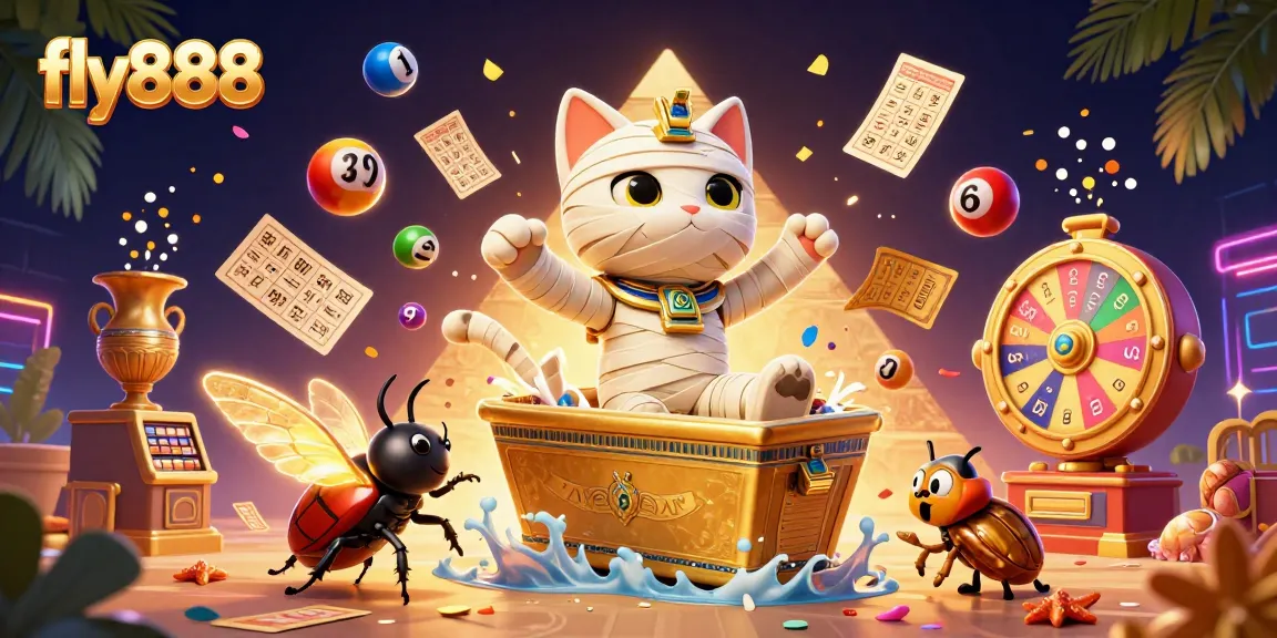 Spin the reels with fly888 as an Egyptian mummy cat and scarab beetle bring casino excitement alive!