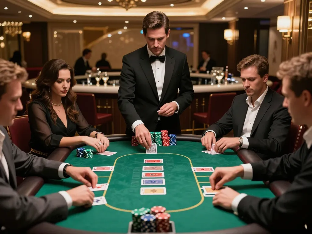 Mubet players engaging in a strategic poker game at a vibrant casino with focused expressions.