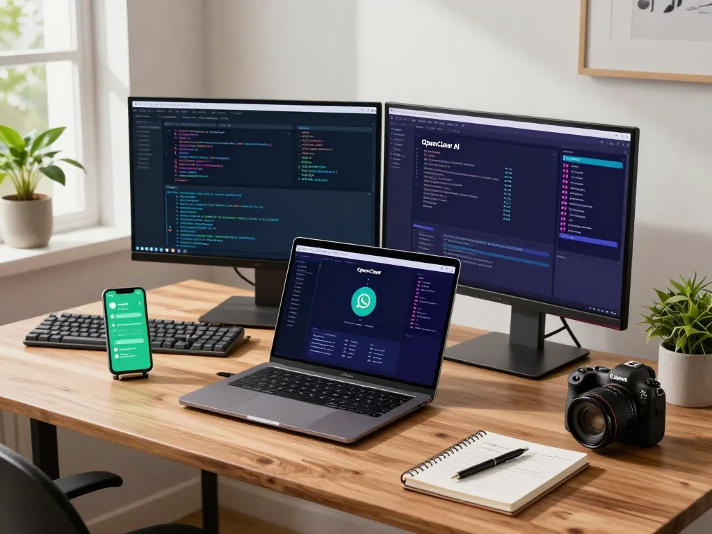 Developer using Open Claw AI in a modern home office with vibrant screens and natural light.