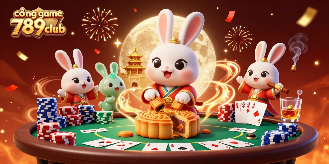 Spin and win at cổng game 789club with Chinese moon rabbits celebrating lunar fortunes amidst vibrant gaming elements.