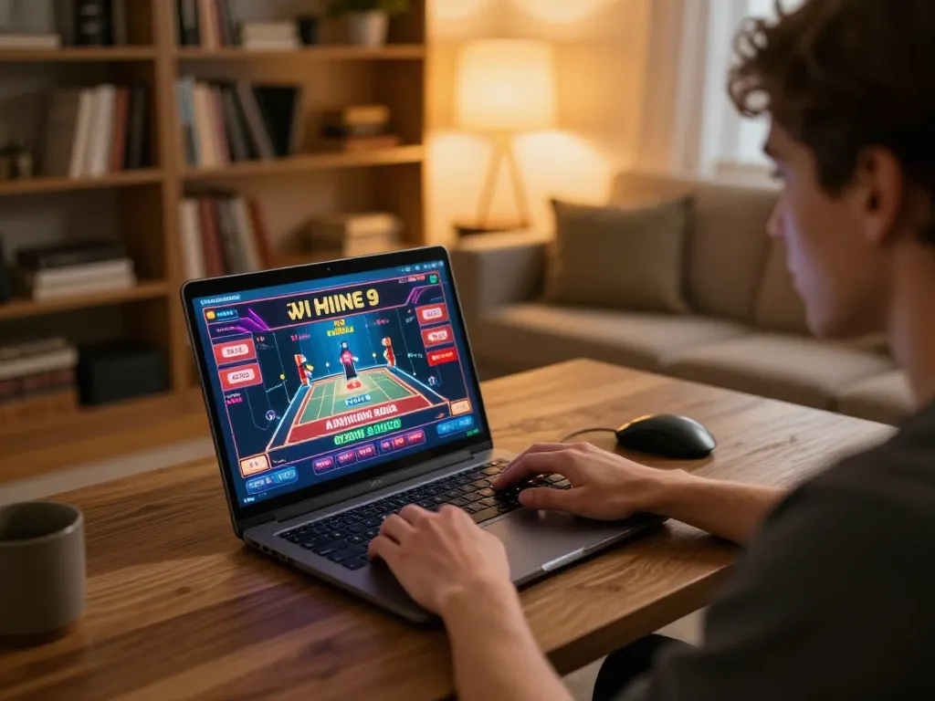 Player enjoying online gaming at home using nk88 platform with laptop and strategy notes