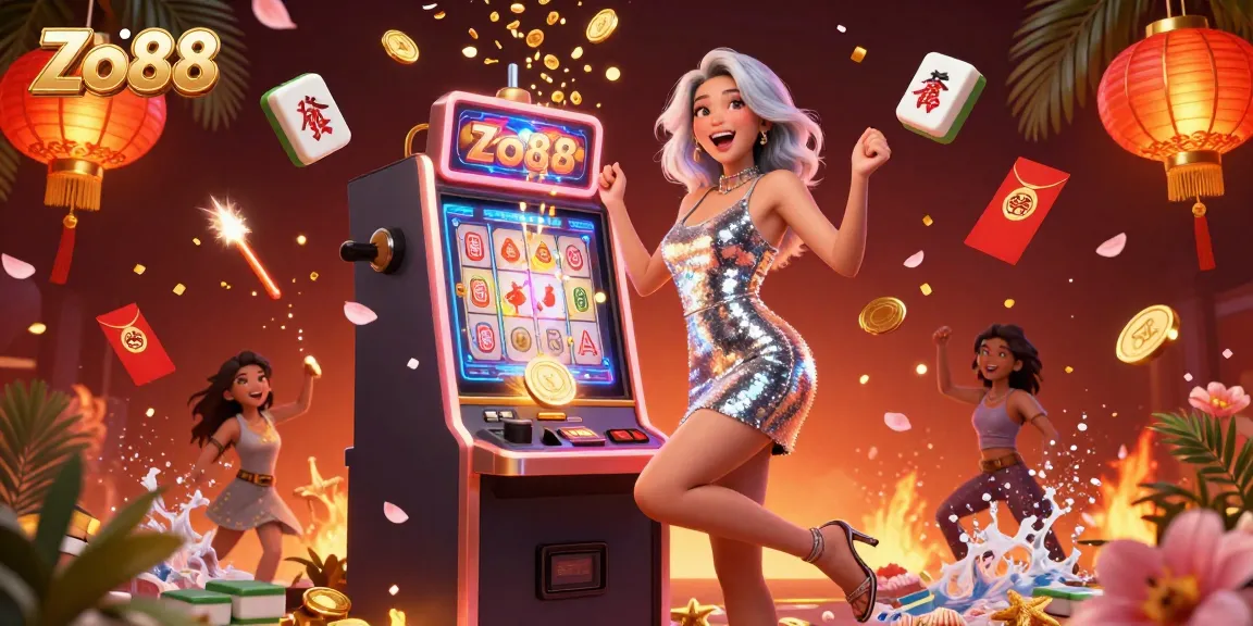 Experience the excitement of Zo88 with jackpots, neon lights, and vibrant casino elements in this 3D scene.