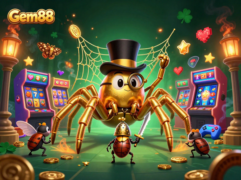 Gem88's captivating 3D illustration showcases a golden tarantula weaving, exciting slot reels, and dazzling game elements.