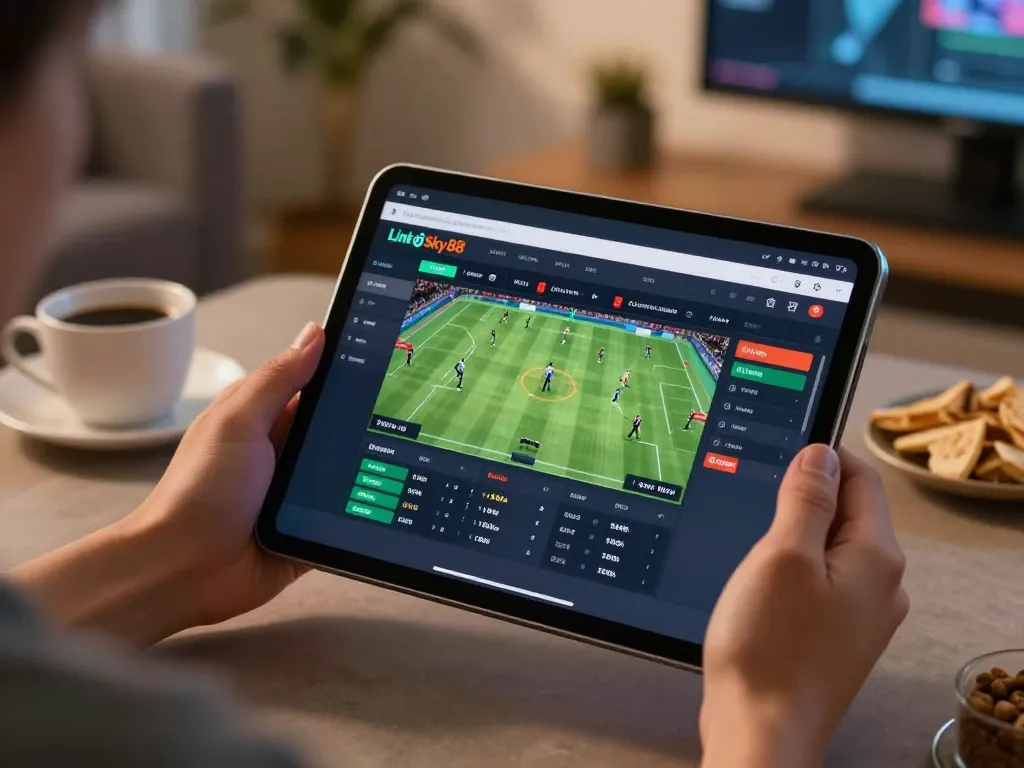 Engaging online sports betting session using the Link vào Sky88 platform on a tablet in a cozy home setting.