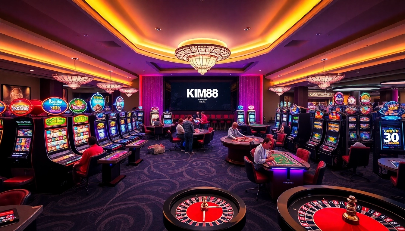 Engaging gamblers in a luxurious casino scene at https://kim88.us/ featuring vibrant slot machines and poker tables.