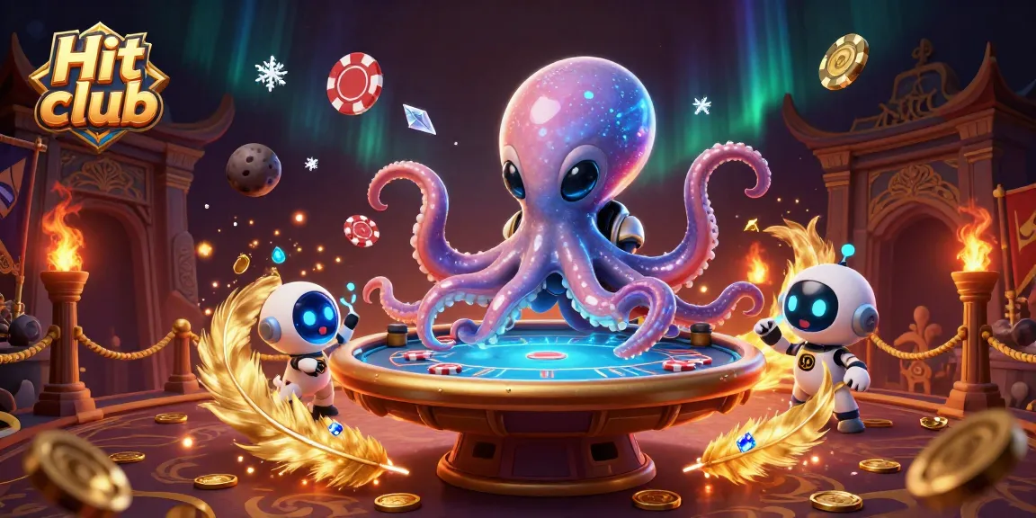 Hit club features a vibrant scene with an alien octopus playing poker among cosmic elements.