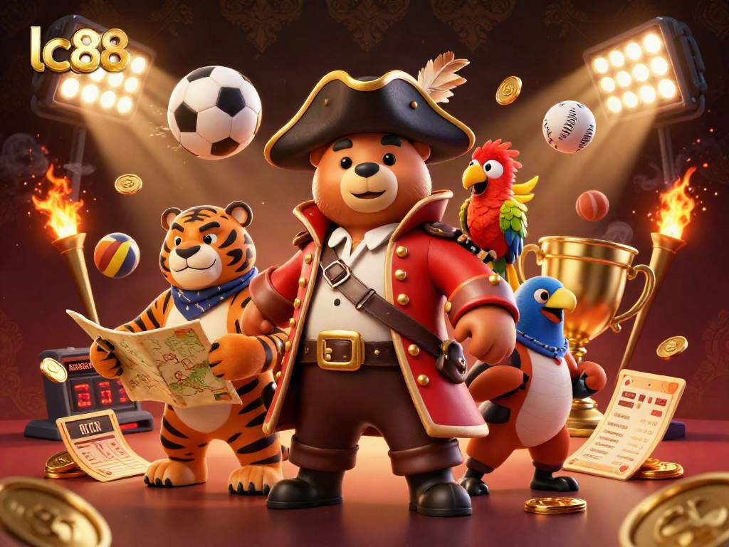lc88 showcases a vibrant 3D casino scene with a pirate bear and sports betting elements.