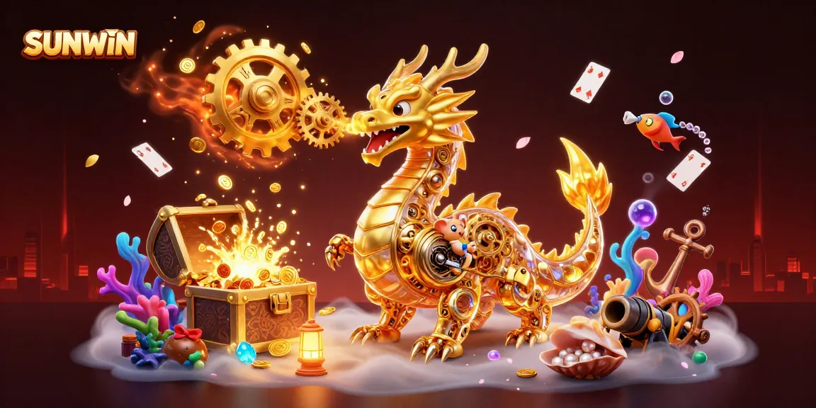 SUNWIN showcases a golden dragon breathing gears amidst a treasure explosion in a vibrant casino scene.