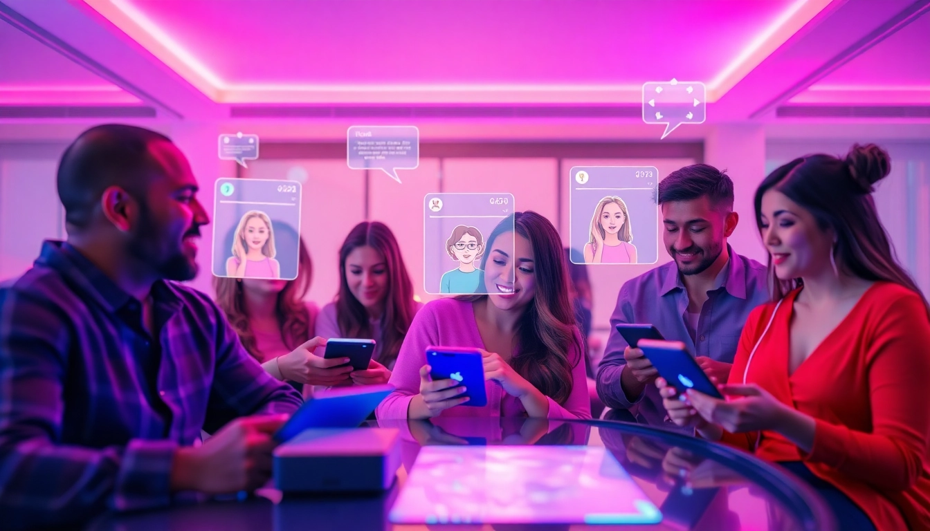 An engaging virtual chat environment depicting sex chat AI interactions with diverse individuals and lifelike avatars.