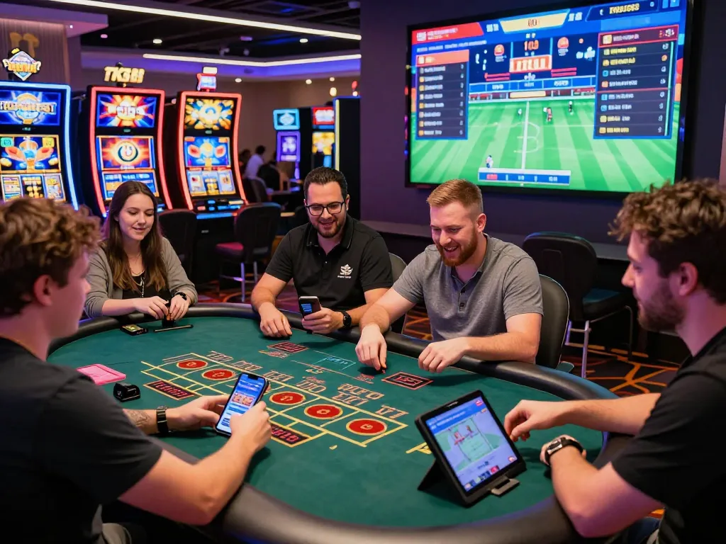 Exciting gaming experience at TK88 showcasing live dealer baccarat, diverse players, and vibrant slot machines