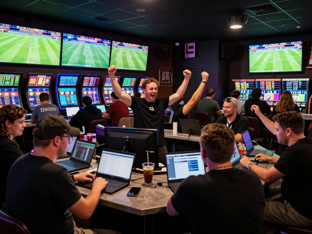 Exciting atmosphere at a trusted sports betting venue, where bettors engage with live matches using their devices.