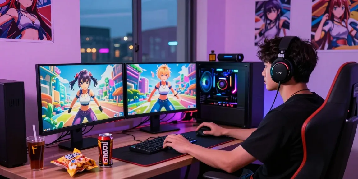 Engaging gamer playing a hentai game on a dual-monitor setup with vibrant graphics.