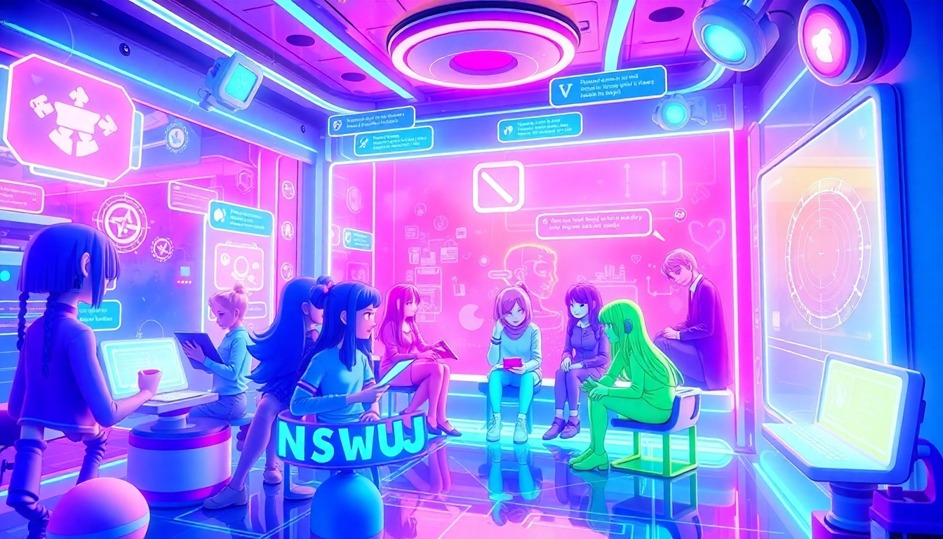 Vibrant digital scene of NSFW AI interactions showcasing diverse characters in a lively virtual space.
