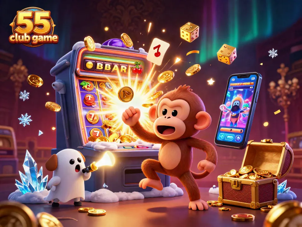 Engage in thrilling 55 club game experiences surrounded by dynamic casino elements and vibrant visuals.