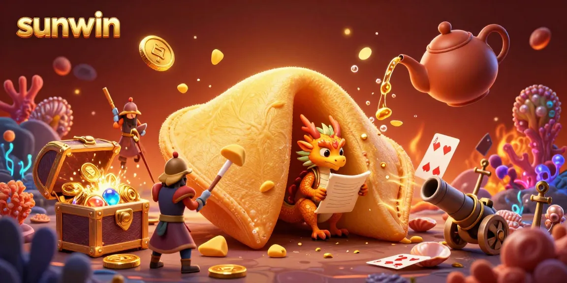 Engage in thrilling gaming at Sunwin with a magical 3D illustration featuring a dragon, treasure, and casino elements.