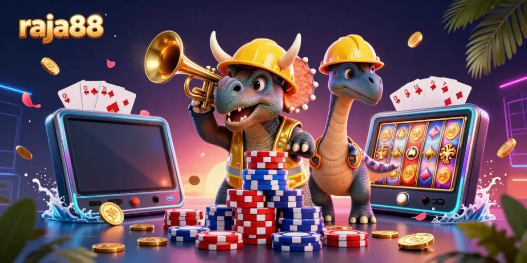 Engage with raja88's thrilling gambling atmosphere featuring vibrant characters celebrating a winning moment.