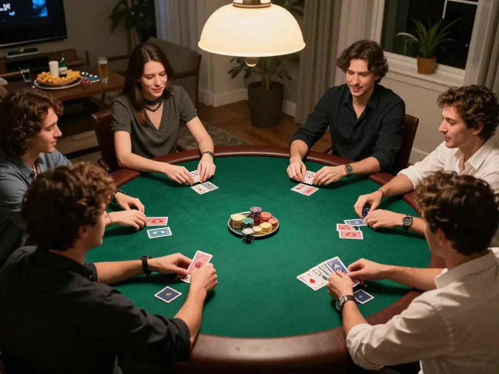 f8betz players passionately strategizing in a dynamic home poker game with snacks and drinks