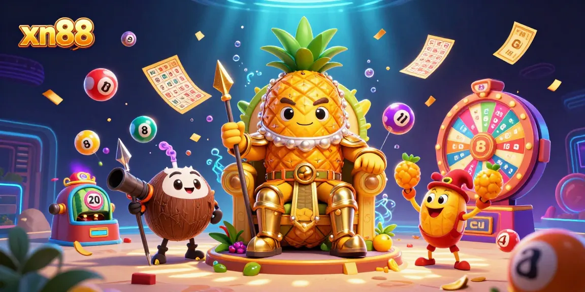 Xn88's golden pineapple king on a fruit throne amidst vibrant casino elements and lively game action.
