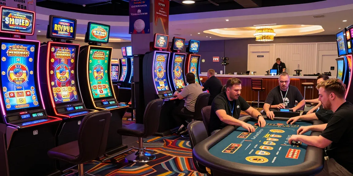 A lively casino scene featuring players engaged at non UK licensed casinos, with vibrant screens and dynamic gaming atmosphere.