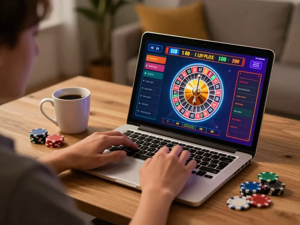 Engaging online casino scene featuring alo789 user enjoying roulette gameplay on a laptop with poker chips scattered.