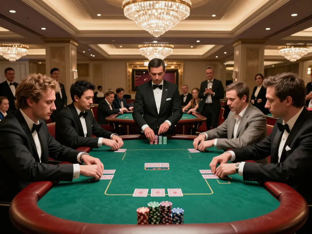 SHBET players engaging in a high-stakes poker game at an upscale casino, showcasing strategy and excitement