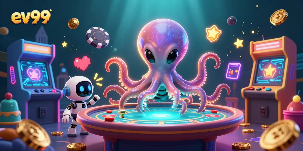 Experience thrilling poker action with ev99, featuring a vibrant alien octopus in a colorful digital casino landscape.