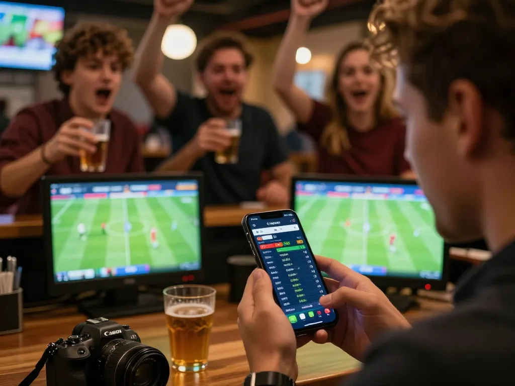 Engaging in soi kèo bóng đá while analyzing betting odds at a vibrant sports bar.