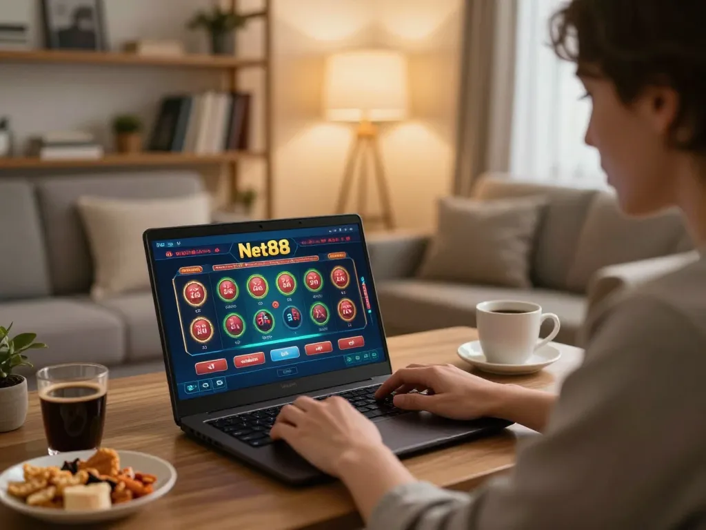 Engaged player enjoying a game on Net88's online platform at home, showcasing a cozy atmosphere.