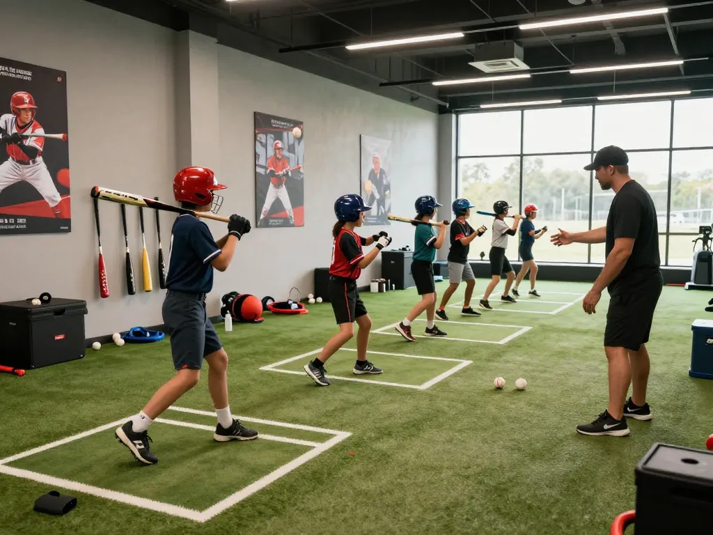 Dynamic hit club training scene with young athletes improving their skills in a modern indoor batting cage.
