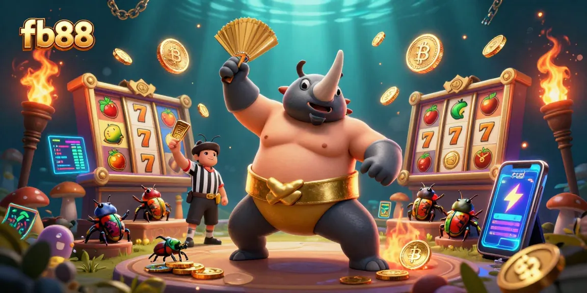 Experience thrilling slot action at fb88 with a rhinoceros beetle champion surrounded by coins and gaming elements.