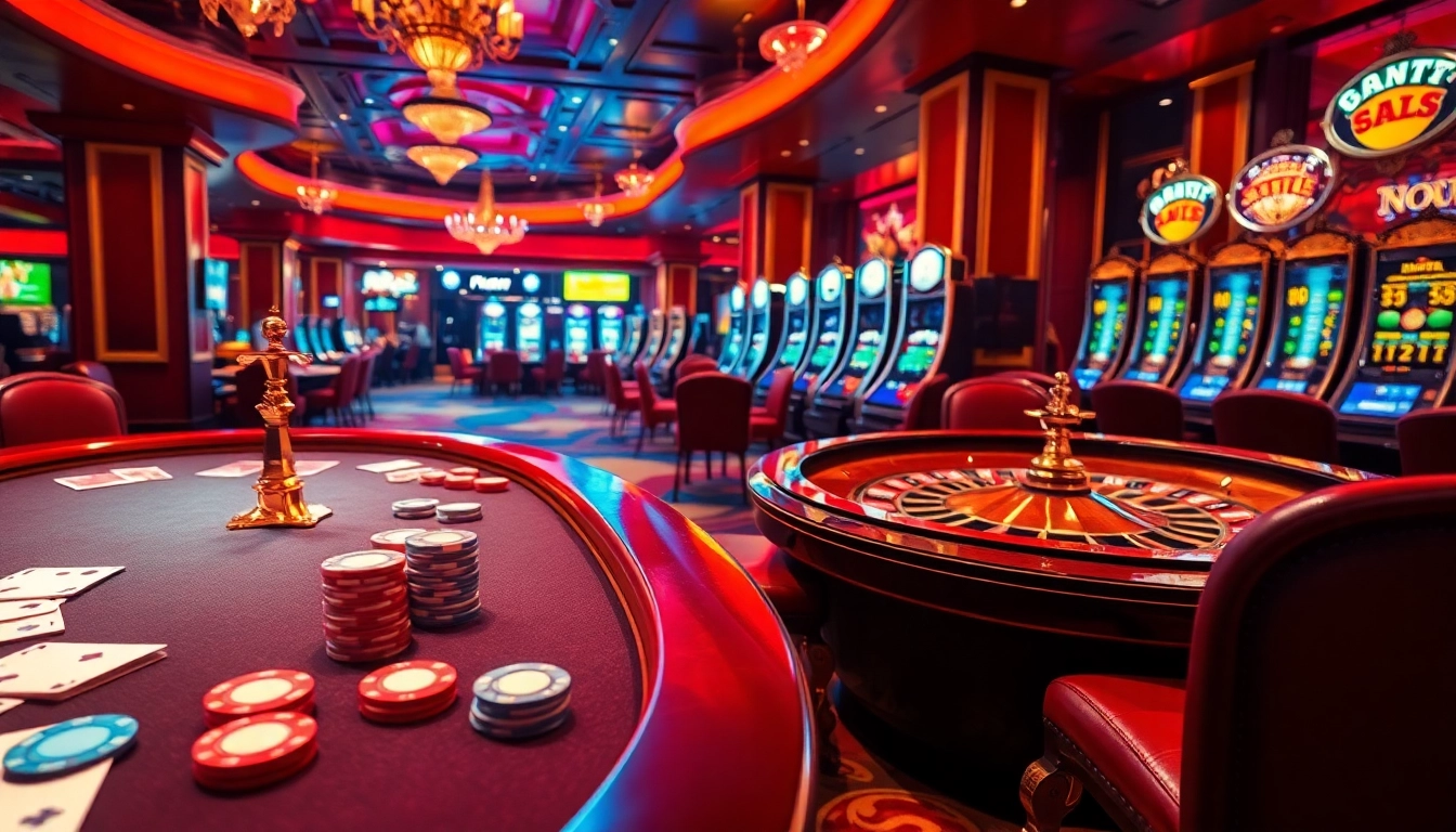 Experience the vibrant energy of km1888b with a luxurious casino setting featuring poker chips and slot machines.