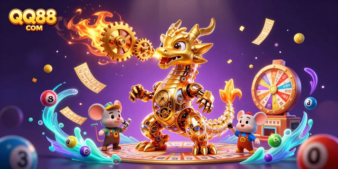 Engage with QQ88 COM's exciting lottery experience featuring brilliant colorful elements and a golden dragon.