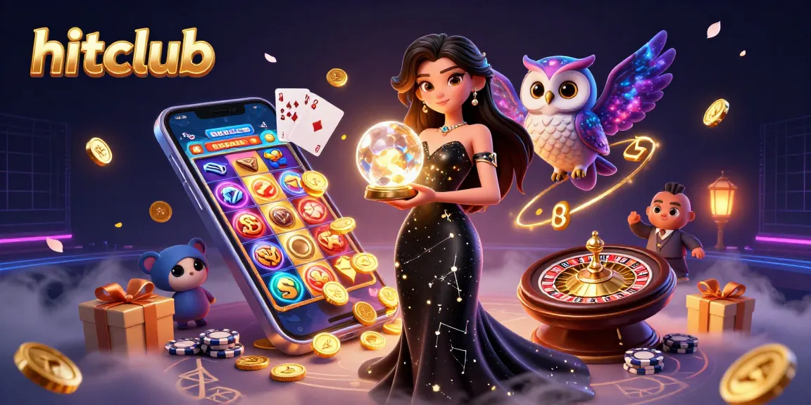 Spin colorful slot games and discover hitclub's exciting features with this vibrant 3D illustration.