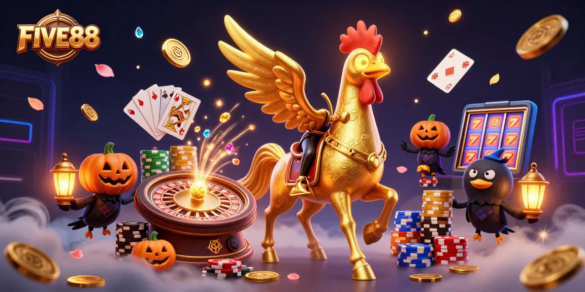 Experience exciting gaming at FIVE88 with vibrant scenes of spinning reels and glowing prizes.
