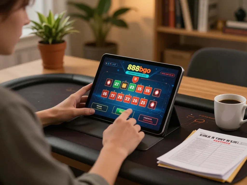 Player enjoying online gaming on 888bgo platform using a tablet in a cozy home setting