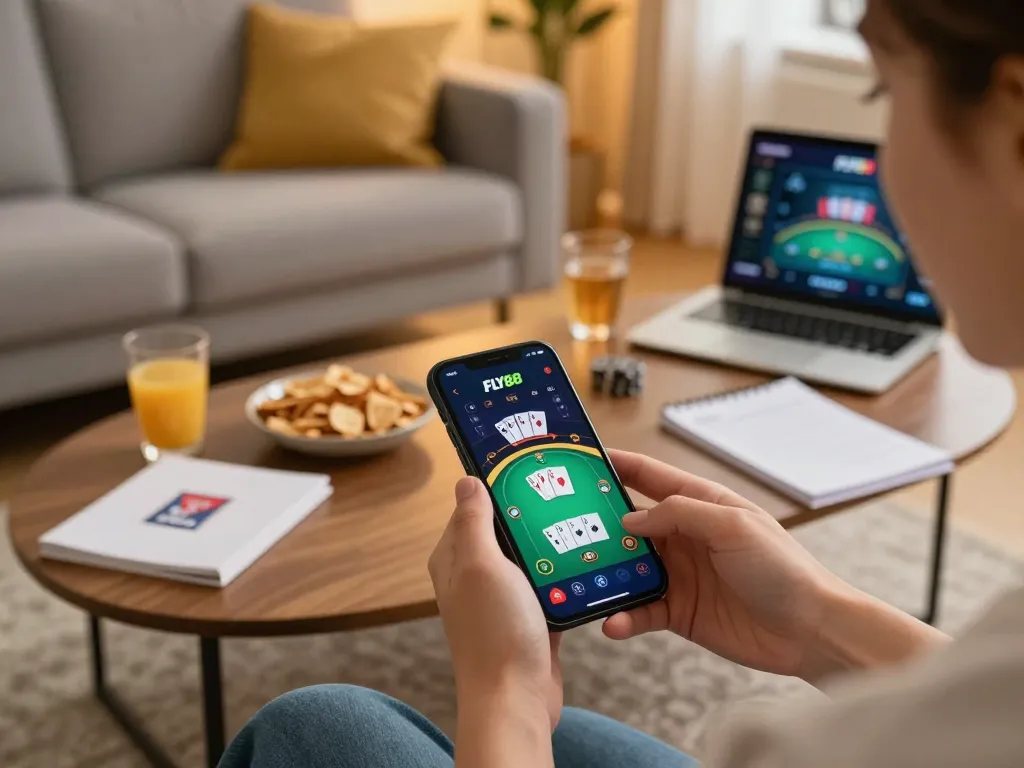 FLY88 player enjoying a home poker game on smartphone with warm, inviting atmosphere.