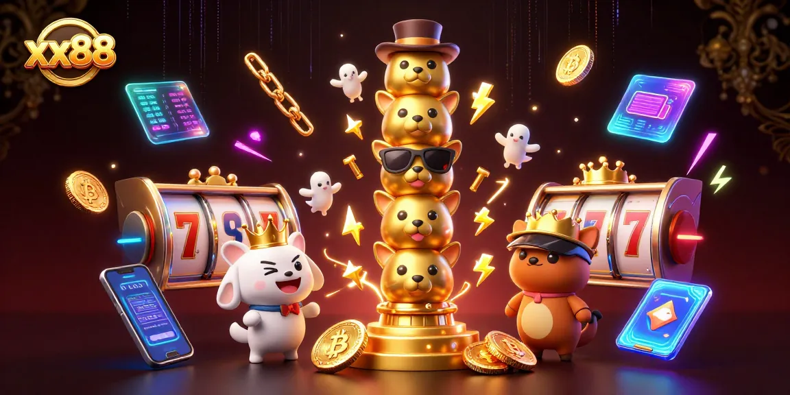 Win big with xx88 at this vibrant 3D casino illustration showcasing exciting slot games and crypto elements.