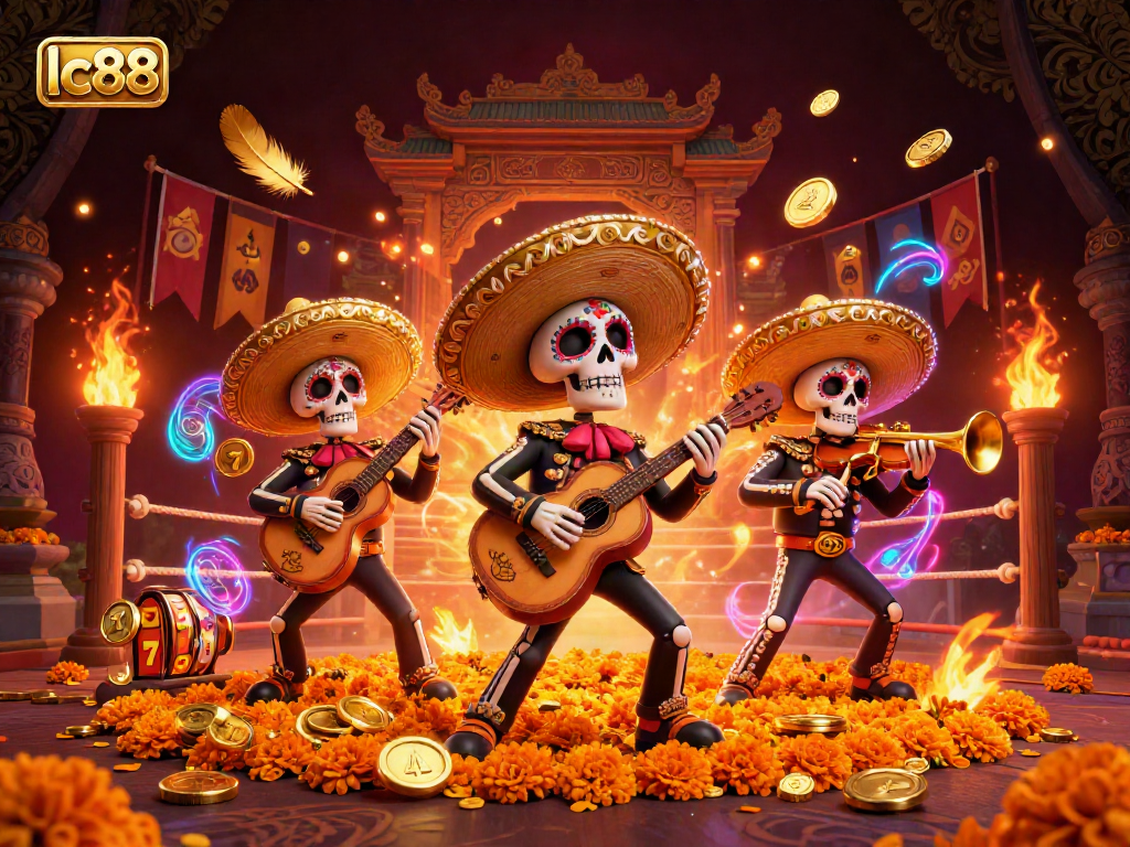 Join the lc88 mariachi band in a dynamic casino scene filled with slot reels and gold coins.