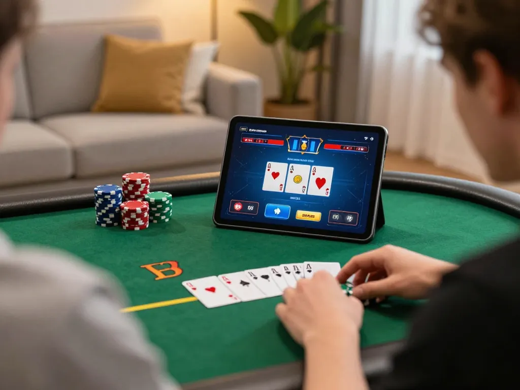 Player engaging in an online poker game on 999bet tablet, showcasing dynamic gameplay and strategy.