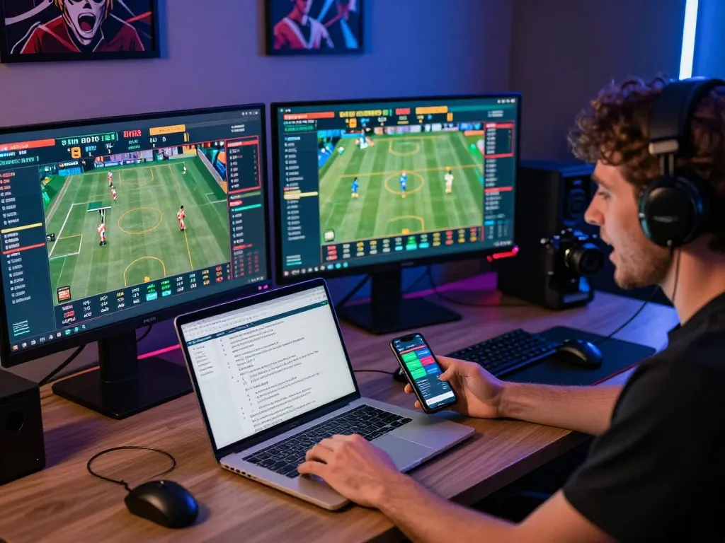 Engaged user exploring keobongda for live betting odds on a sleek gaming setup.