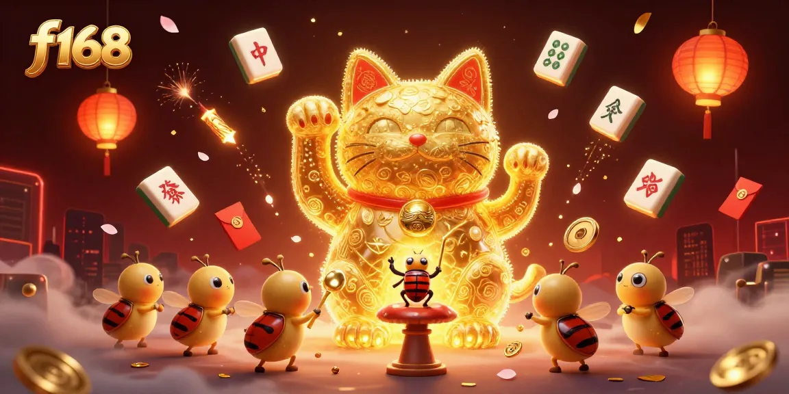 Experience excitement with f168 as golden fireflies turn into a lucky cat amidst vibrant casino symbols.